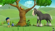 Pferd Herbert klärt Wissper und Peggy darüber auf, dass Hahn Hansi sie heute nicht geweckt hat.
