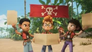 Finn (l.), Alexander (M.) und Zoe (r.) wollen bei der Piratenolympiade als Team um den Sieg kämpfen.