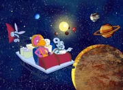 Albert und Zora sind mit dem Zeit-o-mobil zum Urknall gereist und koennen nun beobachten, wie sich die Planeten formen.