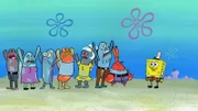 Mr. Krabs (2.v.r.), SpongeBob SquarePants (r.)