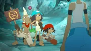 Mouse (Mitte) bietet Corto (rechts) die Stirn und verteidigt Team Pirates: Shark (mit Schild) und Ed.