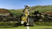 Die Linien-Maschine rast mit Shaun und Timmy über Stock und Stein und hinterlässt eine weiße Linie.