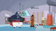 Sherlock Yack und Hermione verhören den Gorilla, der beim Pavian als Rausschmeißer arbeitet.