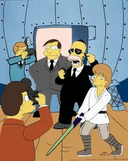 Zum Schutz von Bürgermeister Quimby (M.) hat Homer (2.v.r.) Skywalker Hamill (r.) engagiert.