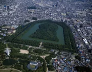 Emperor Nintoku Mausolea Large keyhole shaped tomb mound Sakae Osaka Kinki Japan.