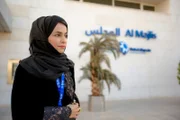 Dubai Airport, UAE: Najla Al Midfa (Al Majlis Manager) side profile shot. Najla and her team look after VIPs, making sure their time spent at Dubai Airport is seamless. (Photo Credit: National Geographic Channels/ John Bonny)