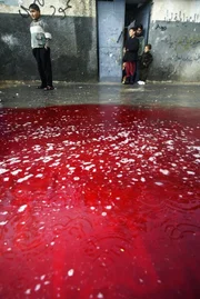 RAFAH REFUGEE CAMP, GAZA STRIP - FEBRUARY 01: Palestinian children look at the rain water and blood of cows slaughtered by muslim butchers, in a street in the first day of the Muslim holiday Eid al-Adha.