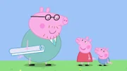 v.li: Daddy Pig, Peppa Pig, George Pig