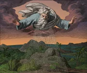 HX245H God creator creating the water and earth, graphic collage from engraving of Nazareene School, published in The Holy Bible, St.Vojtech Publishing, Trnava, Slovakia, 1937.