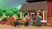 L-R: Zuma, Chase, Marshall, Rubble, Ryder, Rocky, Farmer Yumi