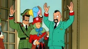 Tim (M.) überfällt an Karneval Oberst Sponsz (r.) und General Alvarez (l.) in Tapiocapolis, um entschlossen seinen riskanten Plan zu verfolgen.