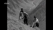 Heumahd in Tirol 1963 - am Berghang mit dem Rechen, eine nicht ganz ungefährliche Arbeit.