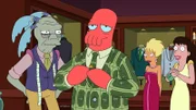 Zoidberg (2.v.l.) hat in einem Müllcontainer acht Millionen Dollar gefunden. Er nimmt das Geld und macht sich auf den Weg nach Mars Vegas, doch vorher muss ein neuer Anzug her ...