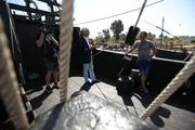 Darrell Miklos and historian, Daniel Campero on deck of the Santa Maria replica at the Wharf of Caravels in Palos de la Frontera, Spain.