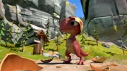 Ein Dinosaurierei landet in der Hand der Lemminge. Der geschlüpfte Dino hält die Lemminge für seine Mama. Die Lemminge freuen sich über den Zuwachs.  +++