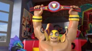 Masko freut sich auf den Ringkampf mit seinen Freunden.