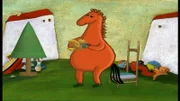 Ein kleines Mädchen zeigt, wie sie ihr Pony sauber macht. Ilvy, Ferris, Maja, Lenn und Rosa singen zusammen das Lied vom roten Pferd und der Fliege.