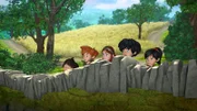 Die fünf Freunde Tuck, Robin Hood, Marian, Little John und Scarlett sehen entsetzt Prinz Johns Treiben zu.