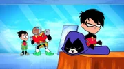 In the back, L-R: Robina, Cyborg. In the front: Robin, Raven.