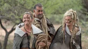 Lyndsey, Dani and Gary prepare for a challenge, while all are wearing pelts