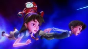 Joy, Chris und Roboter Gizmo reisen mit dem Superbuch durch die Zeit.