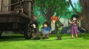 Tuck, Robin Hood und Little John haben den Geigendieb bis zu seinem Versteck verfolgt und stellen ihn zur Rede.