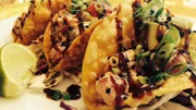 Gourmet chicken tacos from Hawaii Yacht Club in Honolulu, as seen on Food Network's Mystery Diners, Season 8.