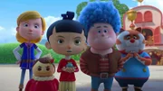 Pinocchio (Mitte) sucht dringend einen Prinzessin für seinen kleinen Froschprinzen. Wer küsst ihn? Seine Freunde Prinz (li.), Törtchen (2.v.li), Korat (re.) und Luzio (2.v.re.) sind gespannt.