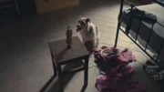 Stern, der Hund, schaut sich die Mini-Mildred (Bella Ramsey) genau an.