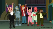 Freuen sich, dass sie nach ihrer Entlassung wieder einen Job haben: (v.l.n.r.) Leela, Bender, Fry, Amy, Zoidberg, Hermes ...