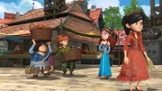 Scarlett und Marian machen einen Einkaufsbummel im Dorf. Tuck und Robin Hood haben schwer zu tragen.