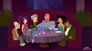 Der Trip nach Las Vegas verläuft nur für Bender (M.) so, wie er es sich vorgestellt hat. Professor Hubert (l.), Leela (2.v.l.), Fry (3.v.l.), Zoidberg (3.v.r.), Amy (2.v.r.) und Conrad (r.) sind enttäuscht ...