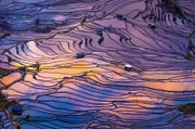 Der Sonnenuntergang zeichnet ein Farbspiel in den Honghe-Hani-Reisterrassen in der chinesischen Provinz Yunnan