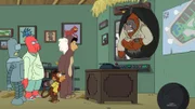 Als Amy (2.v.r.), Bender (l.) und Zoidberg (2.v.l.) eine Lieferung auf den von genveränderten Affen bewohnten "Planet der Primaten" machen, machen sie eine erschreckende Entdeckung ...