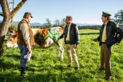 Der Bauer (Fritz Scheuermann, l.) zeigt Hubert (Christian Tramitz, M.) und Staller (Helmfried von Lüttichau, r.) seine verunstalteten Kühe.