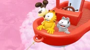 Damit das Baden nicht so langweilig ist, lässt Garfield seine Fantasie spielen und geht zusammen mit Odie und Nermal auf eine abenteuerliche Reise.