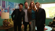Nate Berkus, Troy Finsand, Sherry Finsand and Jeremiah Brent pose in the renovated living room.
