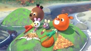 Luzie, Edmund, Hortensia und Polka trocknen sich und die Drachen in der Sonne.