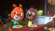 Edmund und Luzie lassen sich Baldurs leckere Karotten schmecken.