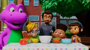 Barney (l.), Vivie (2.v.l.), David (2.v.r.), Mel (r.)