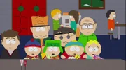 Vorne: Stan (2.v.l.), Kyle (m.), Eric (2.v.r.), Butters (r.)
