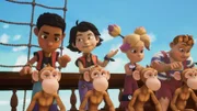 Die Schüler der Pirate Academy sind zum Suchen von Läusen bei ihren ungebetenen Gästen verdonnert. Von links Finn, Zoe, Erika und Conan