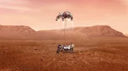 Artist concept of the Mars 2020 Descent Stage lowering the Perseverance rover to the surface of Mars, aka the Sky Crane maneuver.