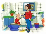 Der kranke Caillou bekommt von seiner Mutter Medizin.