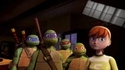 L-R: Leonardo, Donatello, Raphael, Michelangelo, April O'Neil