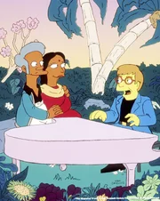 Zum Valentinstag hat Apu (l.) für Manjula (M.) Elton John (r.) eingeladen.