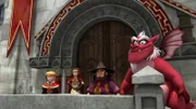 Zauberer Perdigan (2.v.r.) spielt ein übles Spiel mit dem Drachen Derke (r.). Er bringt ihn mit Hypnose in seine Gewalt.