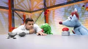 Woozle (re.) hat das Ei einer kuscheligen Woozlinger Flausch-Echse mit ins Studio gebracht, aber Simón (li.) ist skeptisch. Und tatsächlich: Woozle brütet stattdessen aus Versehen ein beängstigendes Chawoozleon (mi.) aus, das gleich darauf auch noch verschwindet! Ob die beiden es einfangen können, bevor es das ganze Studio verwüstet?
