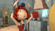 Burgfräulein Bö setzt die neueste Hut-Modeschöpfung auf.