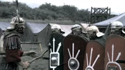 Soldaten halten einen Schild zur Verteidigung